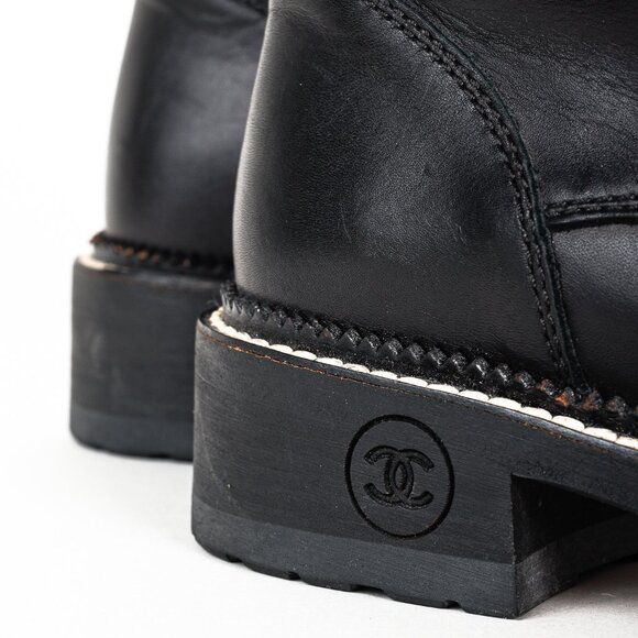 Chanel 15A Black Leather Tweed-Trim Lace-Up Short Boots, Size 6 - Picture 10 of 12